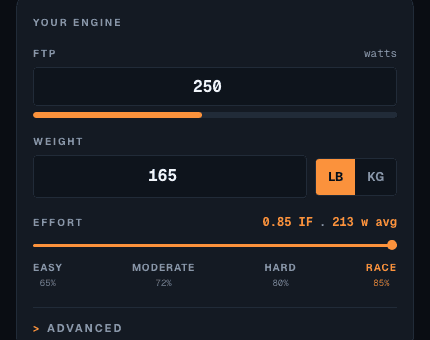 Bike Power Plan inputs: FTP, weight, and an effort slider from Easy to Race