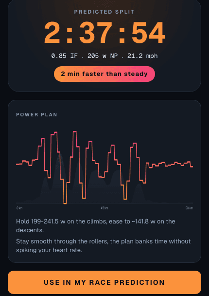 Predicted bike split of 2:37:54 with a power-by-segment chart and pacing cues